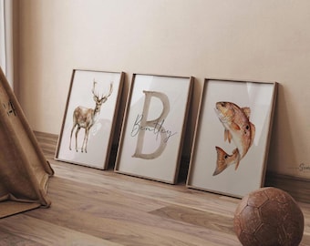 Redfish Wall Art Set of 3, Red Drum Fish Nursery Decor, Bull Red Fishing Prints, Personalized Boys Fishing Hunting Room, Buck Deer Art