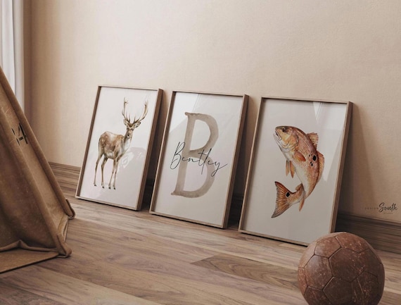 Set of 3 Redfish Watercolor Prints, Personalized Nursery Decor, Buck Deer Art