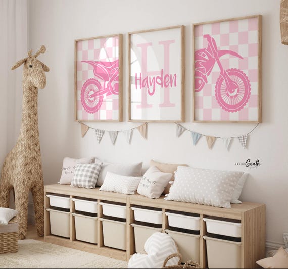 Personalized Pink Dirt Bike Nursery Art: Moto Girl Bedroom Decor