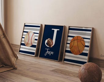 Sports room art, sports wall prints customized kids name, nursery decor sports theme, set of three above crib sports, boy bedroom sports art