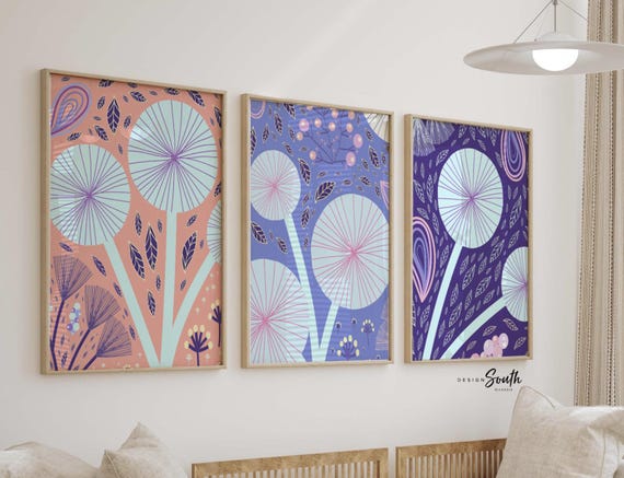 Peach blue and purple paisley, wall decor for girls, bedroom dandelion art, purple room decor girl, playroom art, bathroom prints abstract