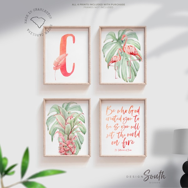 Be who God created you to be and you will set the world on fire St. Catherine of Siena quote art print, flamingo pineapple tropical nursery