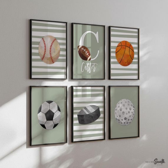 Personalized Sports Nursery Art: Green Watercolor Prints for Boys