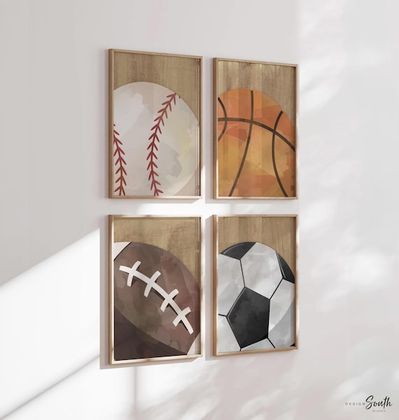 Boys sports wall art set, baseball basketball football soccer prints, rustic driftwood style, vintage wood background, set of 4 prints