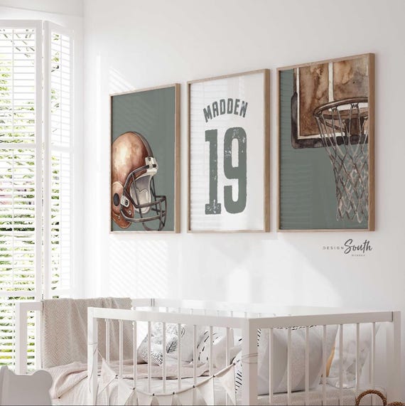Green Sports Wall Art Set of 3, Personalized Boy Nursery Prints, Football Helmet Basketball Hoop Name & Number Bedroom Decor Gift