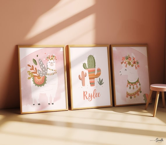 Green and coral pink girl nursery decor, blush pink coral and green nursery wall art, girls name nursery sign llama themed, coral baby decor