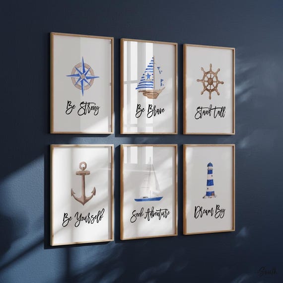Nautical Nursery Art Prints: Anchor, Ship Wheel, Sailboat - Ocean Theme