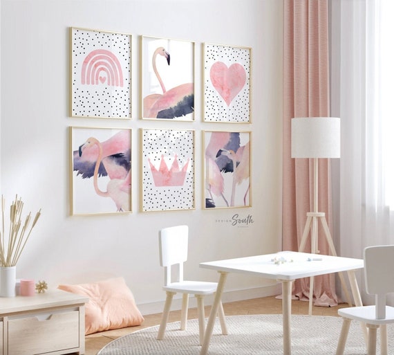 Pink flamingo art, wall art prints watercolor pink flamingos, nursery decor flamingo, kids art pink flamingo, girls room flamingo decor baby