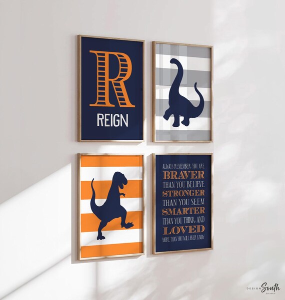 Dinosaur Nursery Prints: Navy Blue & Orange Boys Room Decor