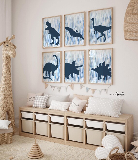 Blue toddler dinosaur wall art, blue dinosaur art print, nursery wall boy dinosaur, dino silhouette watercolor decor nursery, dinosaur set