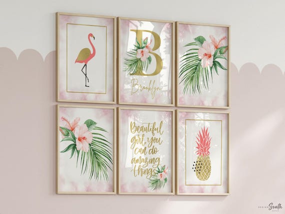 Palm tropical pink gold faux foil prints, floral tropical nursery decor, tropical baby room, pink green gold tropical, girl nursery bedroom