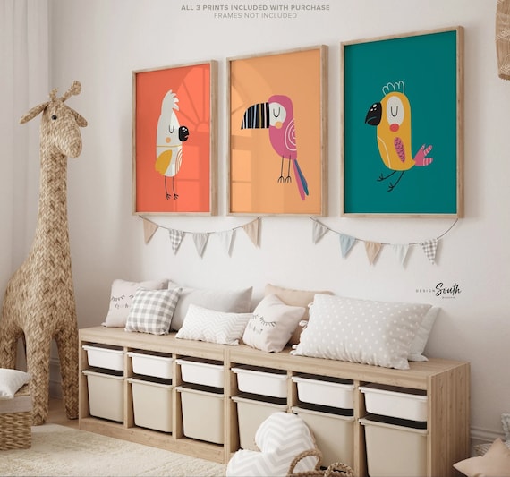 Exotic tropical birds print, colorful birds wall art, tropical vibes print set, bright tropical birds print set, modern girl's tropical art
