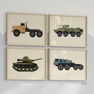 Nursery military, army vehicles print wall art set, boys room wall art, tank truck 4 prints, nursery and children's room decor, boy's room