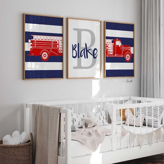 Fire truck boys bedroom theme decor, firefighter nursery art, navy blue and red firetruck art, boy firetruck decor, boy wall art firefighter