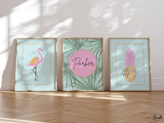 Nursery prints flamingo decor, pink aqua and gold girls decor, flamingo tropical art set, pink aqua flamingo nursery, personalized nursery