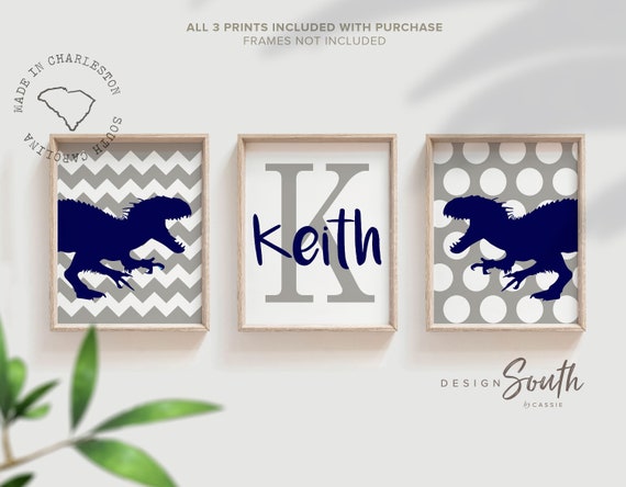 Navy and gray dinosaur theme wall decor, personalized dinosaur nursery decor, dinosaur baby gifts, dinosaur customized name, dinosaur decor