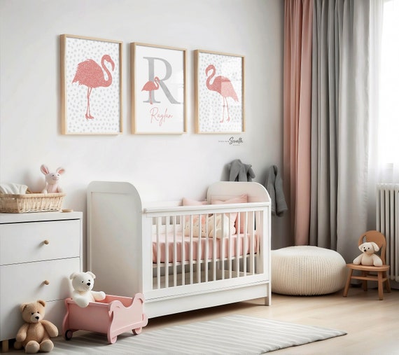 Rose gold glitter flamingo art, tropical prints rose gold, girl's pink glittery art, girl room decor pink glitter, personalized pink gray