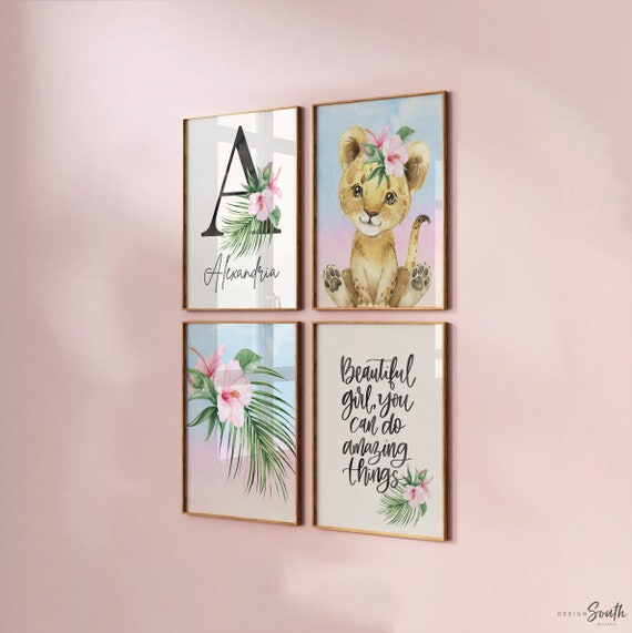 Girl nursery decor, pink safari animal nursery art, lion cub print, tropical baby room, animal kid gift, beautiful girl amazing things quote