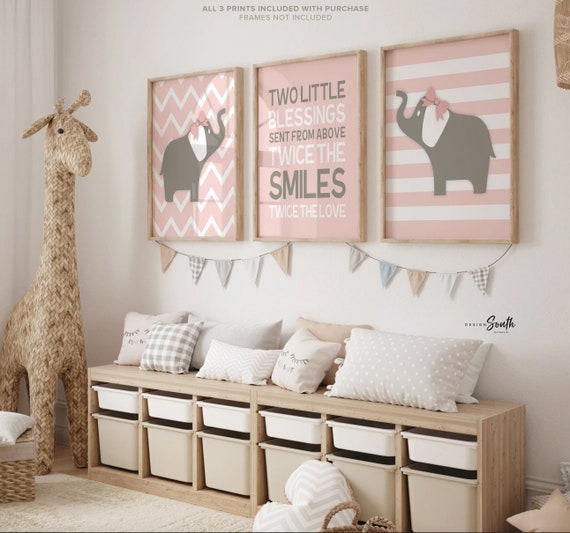 Twins girls nursery art, twin sisters pink and gray, twin girls quote, twins girls nursery decor, twin sister quote, elephant art twin girls