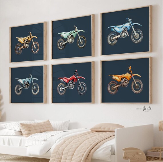Dirt Bike Nursery Art Prints: Navy Blue Motocross Decor, Set of 6
