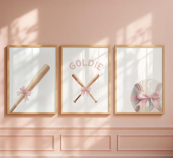 Pastel Softball Girl Prints – Personalized Set of 3 with Bats, Ball & Bow – Sweet Sports Nursery Wall Art