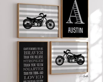 Motorcycle Boy Nursery Decor: Monogram Print Set (Unframed)