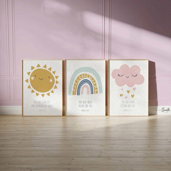 Christian Nursery Wall Art Prints: Bible Verse Decor, Rainbow Cloud