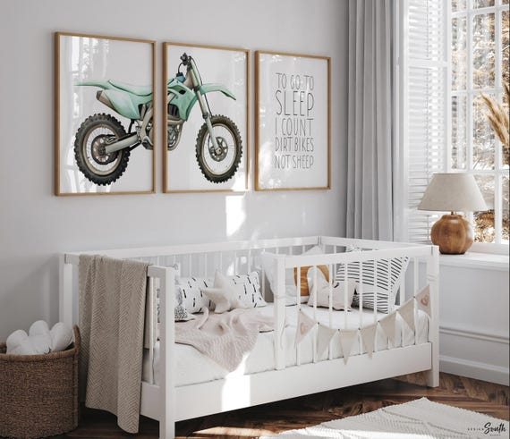 Teal Green Dirt Bike Prints Set: Boy Room Decor, Motocross Wall Art