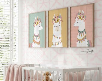 Stampe per la cameretta con lama in stile boho: decorazioni murali neutre per la cameretta del bambino.