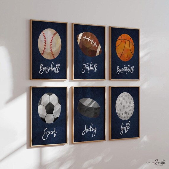 Sports Theme Watercolor Prints: Boys Room Decor (Unframed)