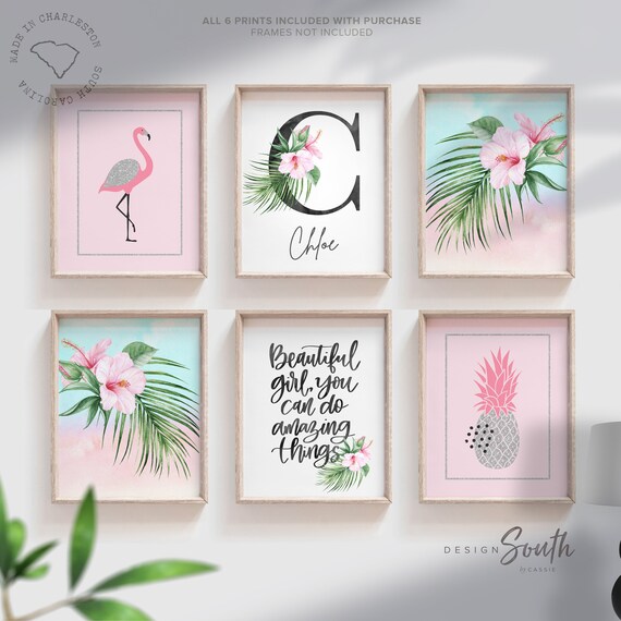 Palm tropical vibrant prints, bright floral tropical nursery decor, tropical beach baby room, pink aqua silver tropical girl nursery bedroom