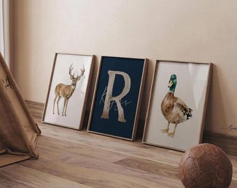 Personalized Hunting Nursery Wall Art Set of 3, Whitetail Deer Mallard Duck Prints, Navy Blue Boy Nursery, Custom Name & Initial Decor
