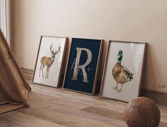 Personalized Hunting Nursery Wall Art Set of 3, Whitetail Deer Mallard Duck Prints, Navy Blue Boy Nursery, Custom Name & Initial Decor