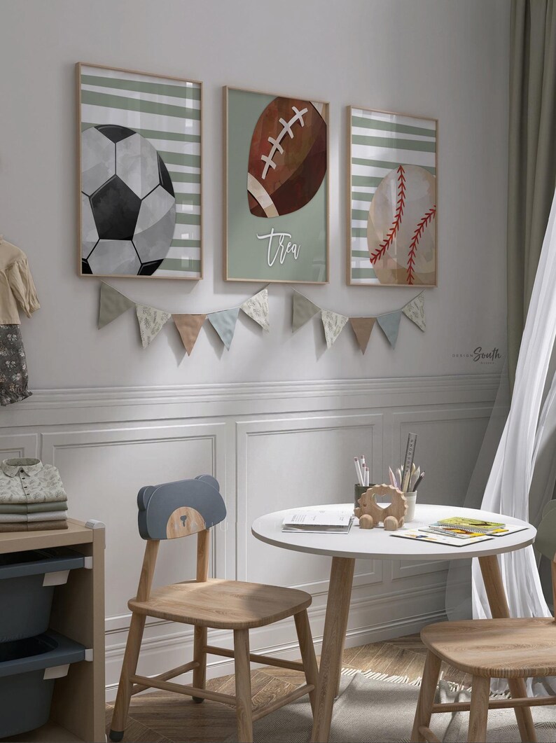 Custom Sports Art, Sage Green Sports Nursery Wall Art, Boys Room Ideas