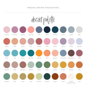 May include: A color palette chart with 48 different color swatches, each labeled with a name. The chart is titled "desert palette" and is part of the "Design South Collection".