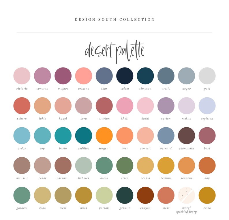 May include: A color palette chart with 48 different color swatches, each labeled with a name. The chart is titled "desert palette" and is part of the "Design South Collection".