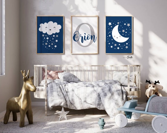 Navy & Gray Celestial Nursery Prints: Moon, Stars, Cloud Decor
