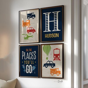 Kinderkamerinrichting transport, blauw, rood, oranje, oh the places you'll go, gepersonaliseerde print, naam, transportafdrukken, helikopter, trein