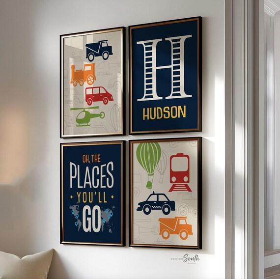 Transportation nursery decor, blue, red, orange, oh the places you'll go, personalized print, name, transportation prints, helicopter, train