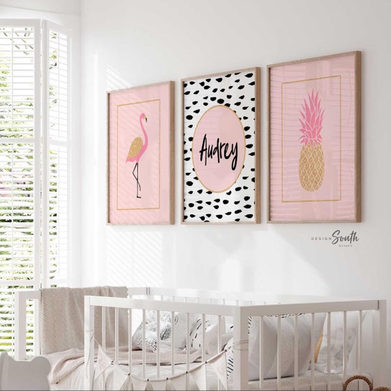 Girls pink gold nursery decor, pink and gold girl's tropical nursery, monogrammed print set, girls wall decor, name monogram girls flamingo