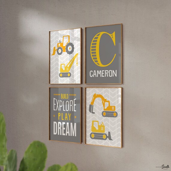 Boys construction trucks bedroom gray, toddler bedroom bulldozer excavator, dump truck room decor wall art print set, personalized kids gift