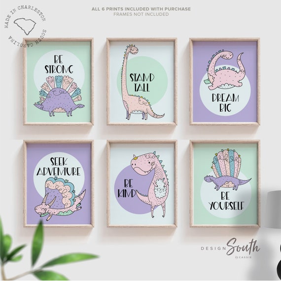 Purple mint green girly dinosaurs nursery art for girl, baby girl dinosaur nursery art, purple dinosaur gallery wall, dinosaur girl birthday