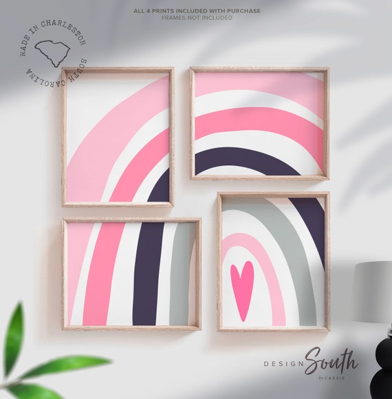 Pink nursery decor, pink gray rainbow art, little girl toddler bedroom decor ideas, pink rainbow playroom, baby girl nursery decor in pink