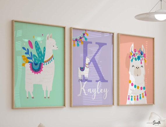 Llama alpaca birthday gift, llama wall art nursery print, baby alpaca cute llama flower crown, peach coral lilac mint, nursery succulent art