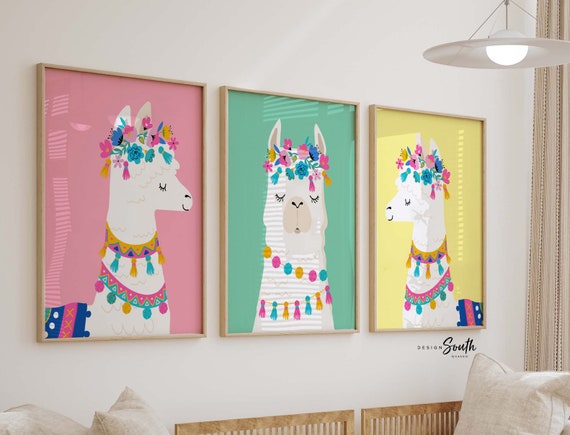 Floral crown llama nursery decor, pastel floral animal theme bedroom, pink mint yellow llama, tassel decor for girls bedroom, llama prints