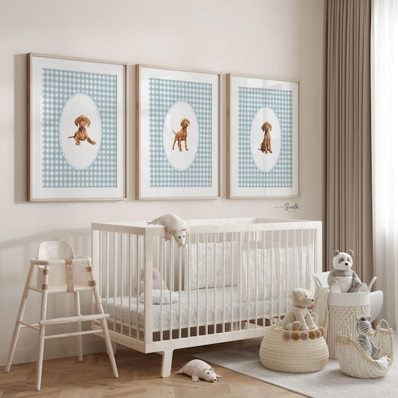 Vizsla Puppy Nursery Prints: Blue Gingham Dog Wall Art Set
