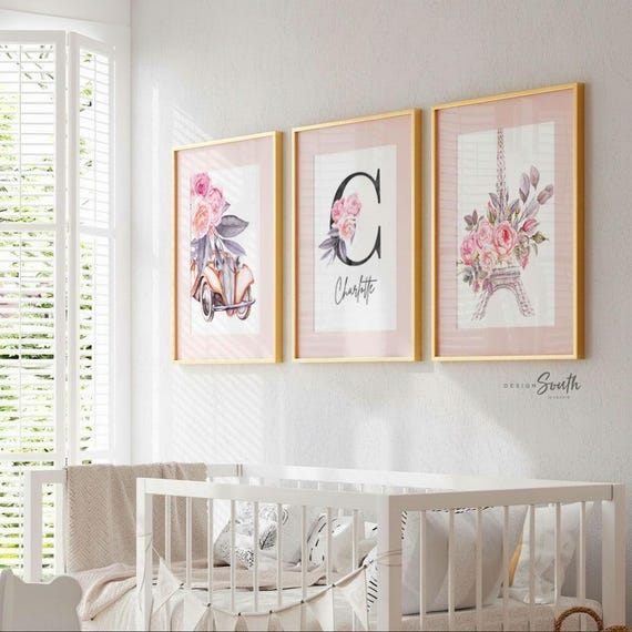 Paris Nursery Art Prints: Eiffel Tower, Floral Decor, Custom Name