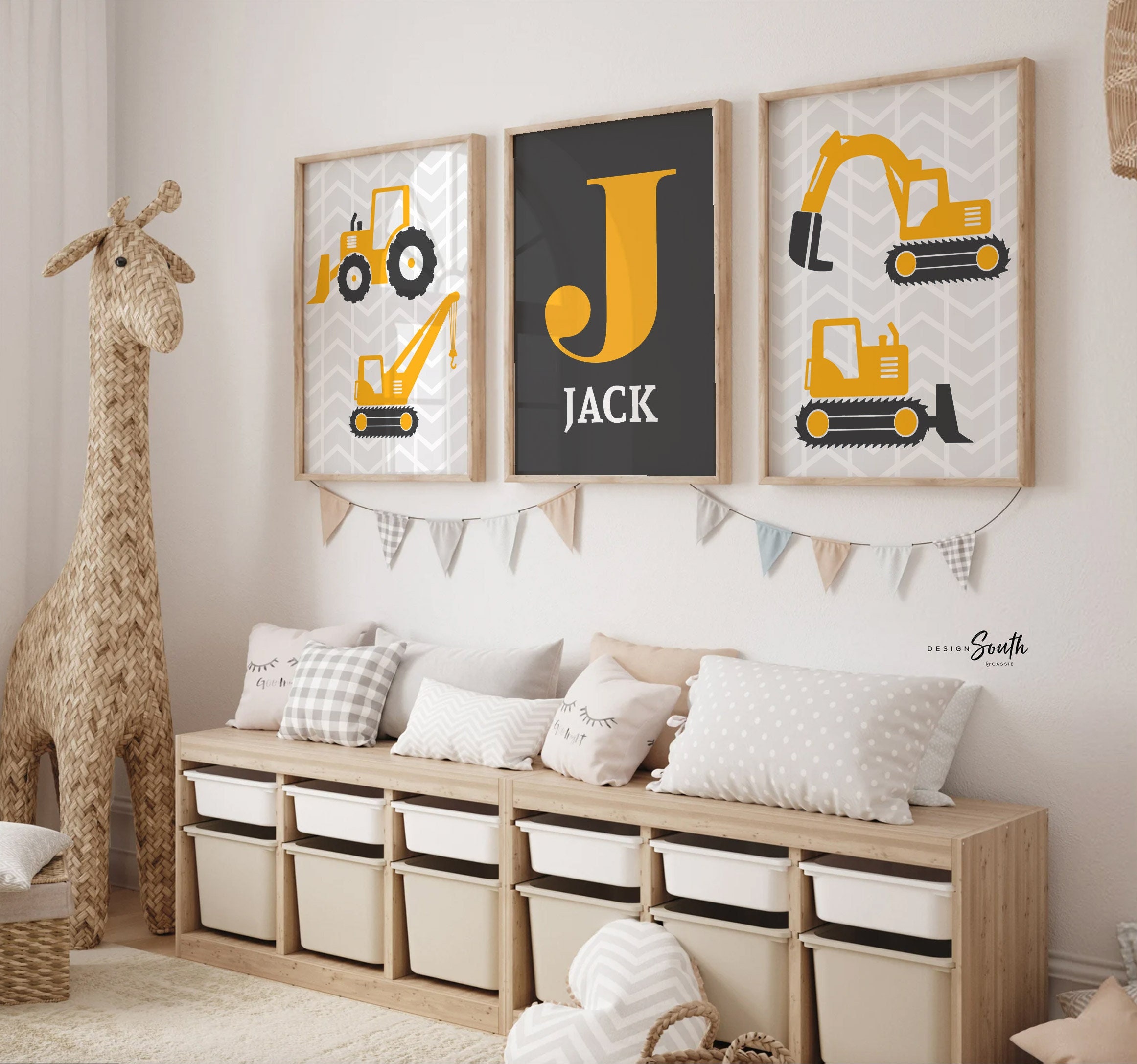 Gray Construction Nursery Trucks, Boy Construction Wall Art, Yellow Gray  Dump Truck Theme Decor, Big Boy Construction Room Personalized Name 