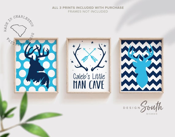 Eight point buck nursery wall decor for boys, deer nursery blue, boys bedroom decor, chevron deer prints, customized name hunting nursery