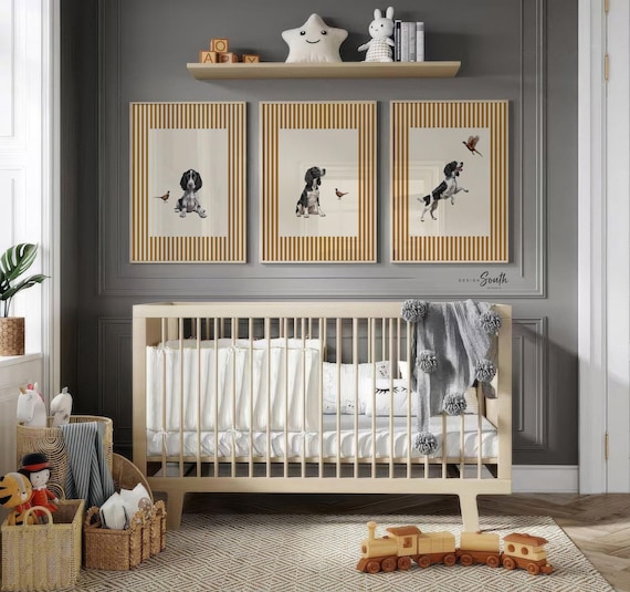 Vintage English Springer Spaniel Wall Art Set of 3 with Pheasants, Hunting Bird Dog Nursery Decor, Boy Room Gift